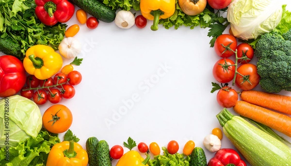 Fototapeta Top View Frame Made of Fresh Ripe Vegetables Isolated on White Background for Food Design