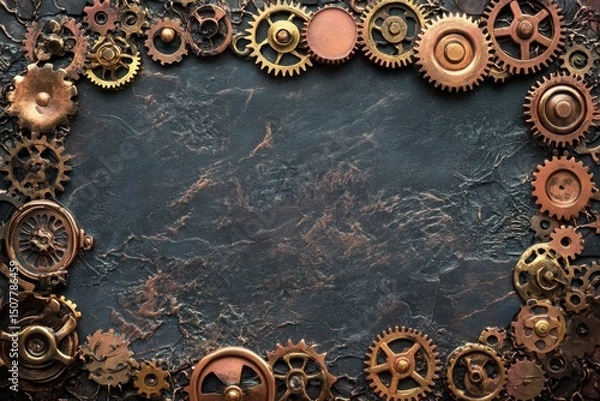 Obraz Gears and cogs frame on dark textured background with copy space