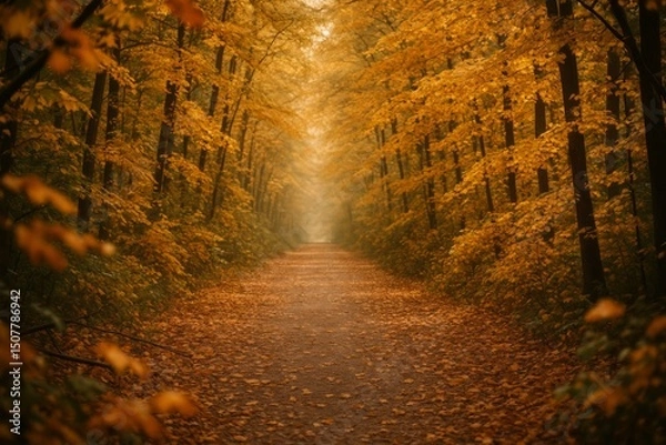 Fototapeta Romantic Autumn Forest with Wooden Bridge and Mossy Log – Cinematic Portrait Background