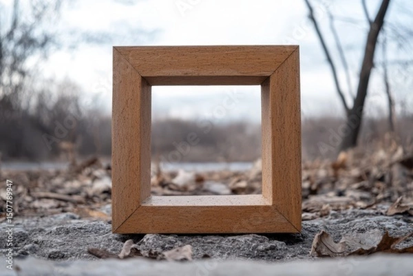 Fototapeta Wooden square frame on a rocky surface with a blurred background