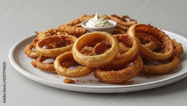Fototapeta Crispy Onion Rings with Dip on Rustic Plate