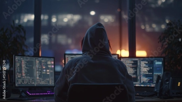 Fototapeta Hooded person working on multiple computer screens in dark room with city lights