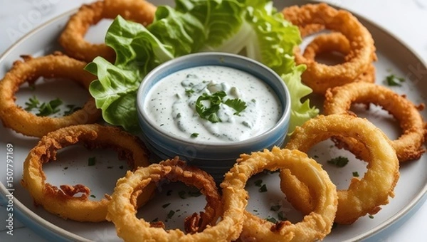 Fototapeta Crispy Onion Rings with Dip on Rustic Plate