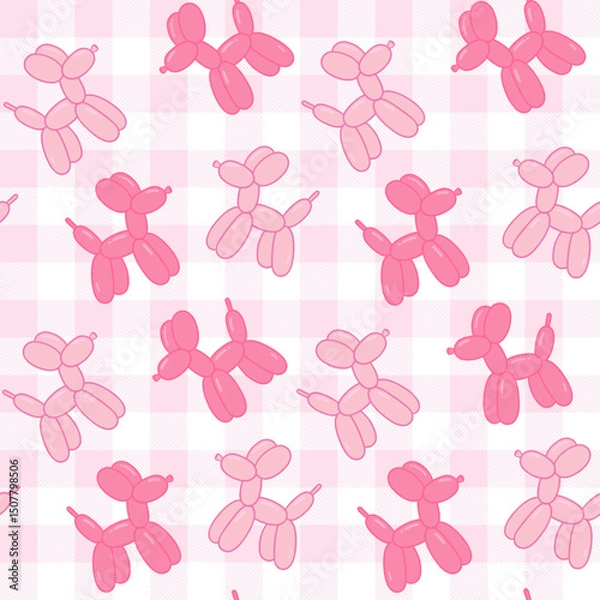 Fototapeta Seamless pattern of pink balloon dog figures on pink gingham pattern background, ideal for party decoration and playful designs.