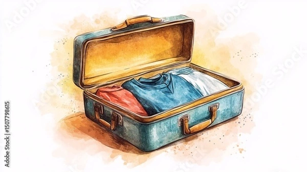 Fototapeta Open suitcase filled with folded clothes.