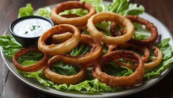Fototapeta Crispy Onion Rings with Dip on Rustic Plate