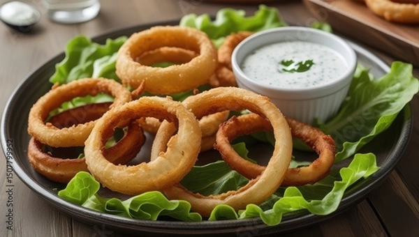 Fototapeta Crispy Onion Rings with Dip on Rustic Plate