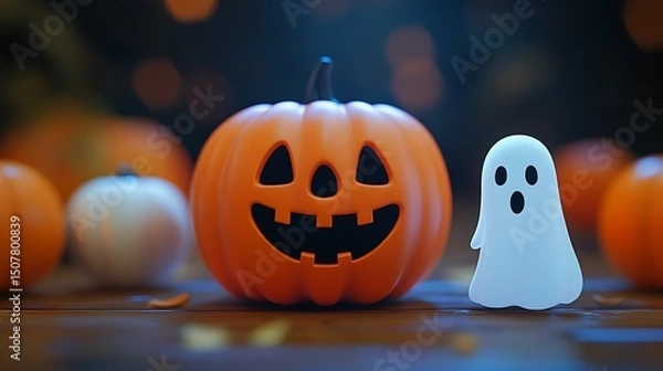 Fototapeta Halloween jack-o'-lantern and ghost on a surface.