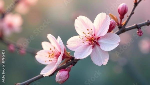 Fototapeta Subtle pastel blossoms, delicate leafwork, soft focus, pattern, delicate, soft