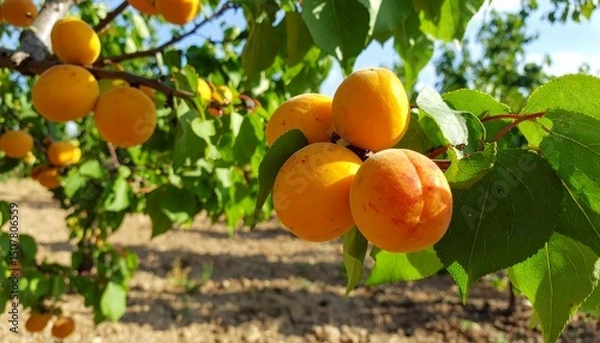 Fototapeta Fresh Juicy Apricots Hanging on Tree in Sunny Orchard Landscape