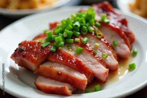 Fototapeta Crispy Peking duck, sliced, garnished with green onions, white plate, culinary, roasted, garnish