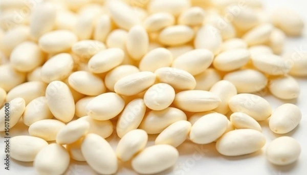 Fototapeta Close-up of white beans on pristine white background, raw, background