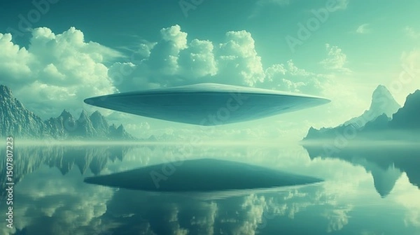 Fototapeta Mysterious UFO Hovering Over Calm Lake with Mountains  Clouds, and Atmospheric Scene.