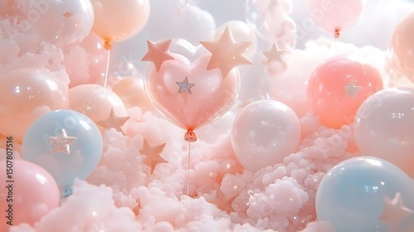 Fototapeta Pastel Cloudscape Floating Heart  Star Balloons with Soft Dreamy Backdrop, and Celebratory.
