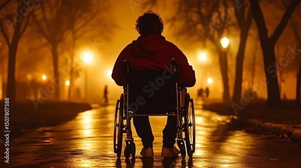 Fototapeta Person in wheelchair with foggy park at night, solitude, accessibility, and orange light.
