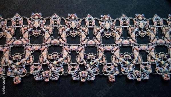 Fototapeta Geometric lace motif, sharp lines, black thread, texture, craft, dark