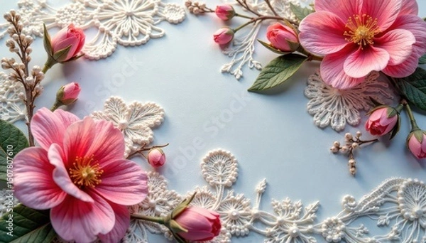 Fototapeta Intricate floral lace, delicate threads form repeating motifs , white, net