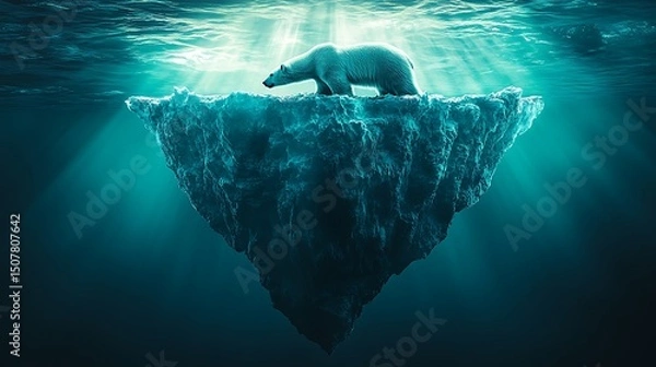 Fototapeta Polar Bear on Melting Iceberg Climate Change Concept with Blue Underwater Scene.