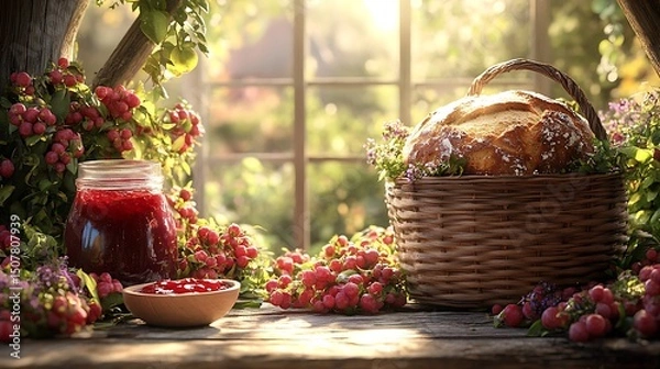 Fototapeta Rustic bread  berry jam on a windowsill with sunlight and garden view.