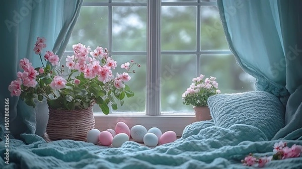 Fototapeta Serene Easter Scene Pastel eggs with pink roses, and cozy window with curtains and a soft blanket.