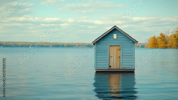 Fototapeta Serene Blue Lakeside Cabin Floating on Calm Water with Autumn Landscape Background.