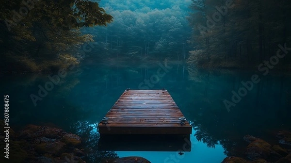 Fototapeta Serene lake with wooden dock in foggy forest tranquil scenic landscape.