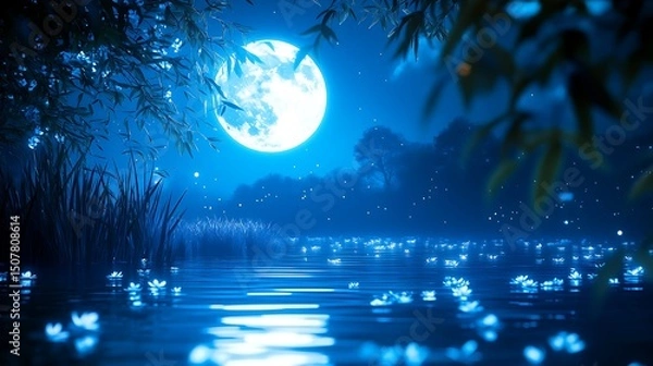Fototapeta Serene moonlit pond scene Tranquil nightscape with water lilies, and and glowing nature.