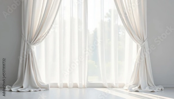 Fototapeta Flowing sheer white curtains, soft light background, soft, home decor, interior