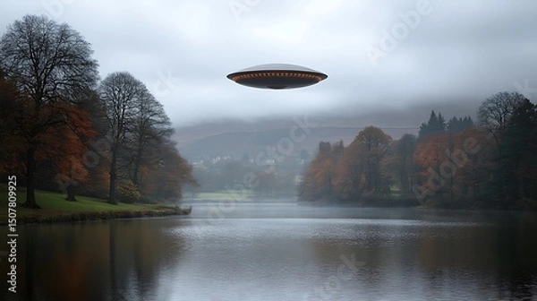 Fototapeta UFO over Scottish Loch Alien spaceship hovering over misty autumn landscape.