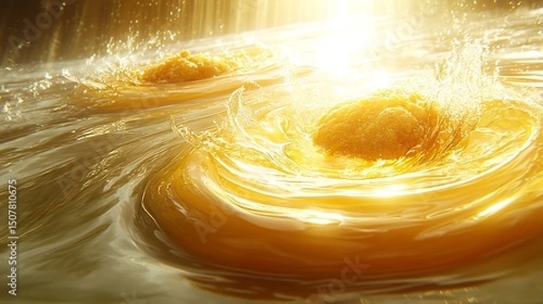 Fototapeta Abstract gold liquid swirling with splashing water and sunlight Creative background.