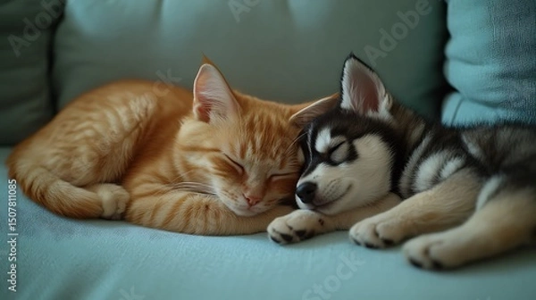 Fototapeta Adorable Cat  Husky Puppy Napping Snugly on Turquoise Couch with Pet Love.