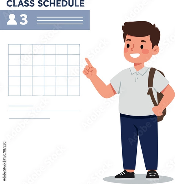 Fototapeta Boy student pointing at class schedule with backpack and casual outfit vector illustration