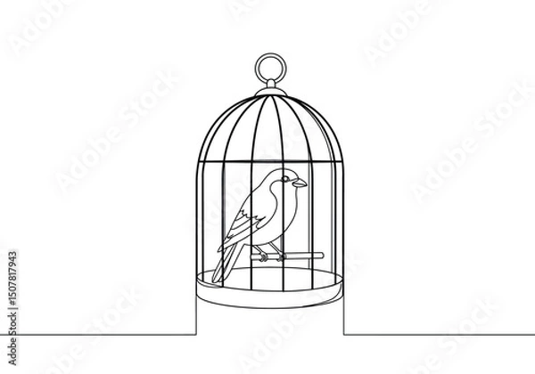 Fototapeta Bird in a cage drawing. This black and white outline depicts a small bird perched inside a cage, symbolizing captivity, confinement, or a pet bird. Vector sketch line art draw.