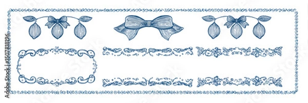 Obraz Vintage Blue Doodle Lemon, Wave, and Bow Frames � Minimalist Mediterranean Line Art Borders Vector