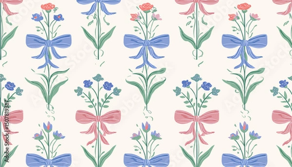 Obraz Hand-Drawn Floral Trellis Pattern with Bows � Elegant Botanical Seamless Print for Fabric, Wallpaper & Wrapping Paper