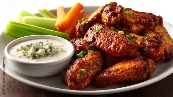 Obraz Spicy Buffalo Wings with Celery, Carrot, and Blue Cheese Dip.