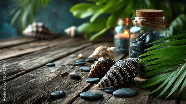 Obraz Tropical Spa Relaxation Shells with Stones, and Wood.