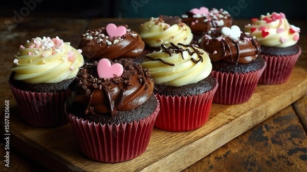 Obraz Valentines Chocolate Cupcakes with Dessert, and Sweets.