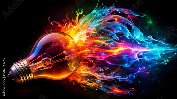 Obraz "Colorful Light Bulb with Vibrant Energy and Smoke Effects" (Generated with AI)

