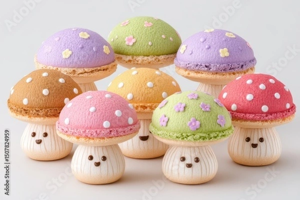 Obraz Pastel Colored Mushroom Shaped Treats on White Background