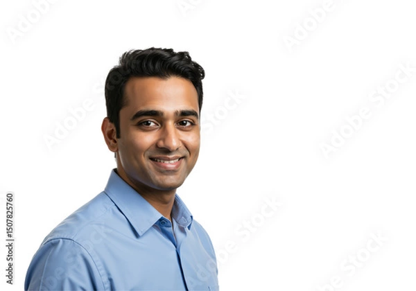Fototapeta Portrait of a young Indian man smiling confidently. Handsome South Asian male professional in a blue shirt, isolated on a transparent background with copy space.