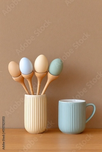 Obraz Pastel Easter Eggs in Vase and Mug on Wooden Table