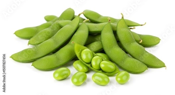 Fototapeta A handful of bright green edamame pods, some slightly open showing the beans, scattered on a stark white background