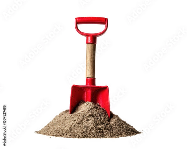 Fototapeta Red shovel is placed upright in mound of sand, creating striking visual contrast. shovel wooden handle adds natural touch to vibrant color of tool, making it eye catching image