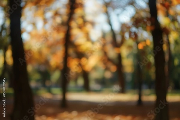 Fototapeta Warm Abstract Bokeh of Autumn Leaves and Sunlight Filtering Through Trees, Creating a Golden and Blurry Background with a Natural and Serene Fall Atmosphere, Ideal for Seasonal Designs