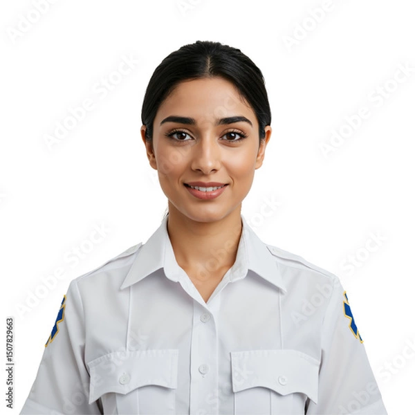 Fototapeta Portrait of a young smiling Indian female paramedic in a white uniform, looking confidently at the camera. Professional healthcare worker isolated on a transparent background.
