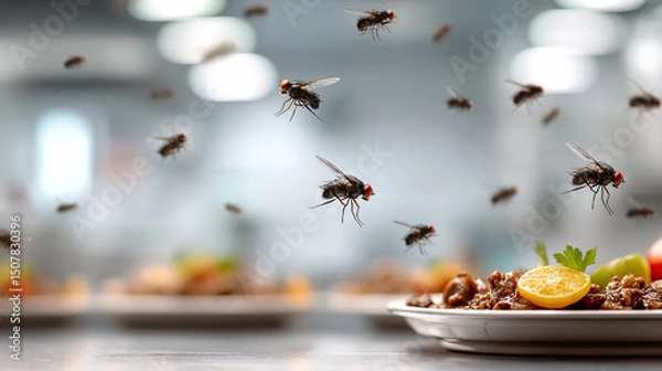 Obraz Flies buzzing around exposed food on plates, indicating a hygiene and contamination risk.