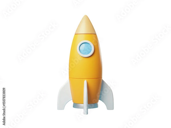 Obraz Colorful yellow rocket toy with blue accents and white base, perfect for imaginative play.