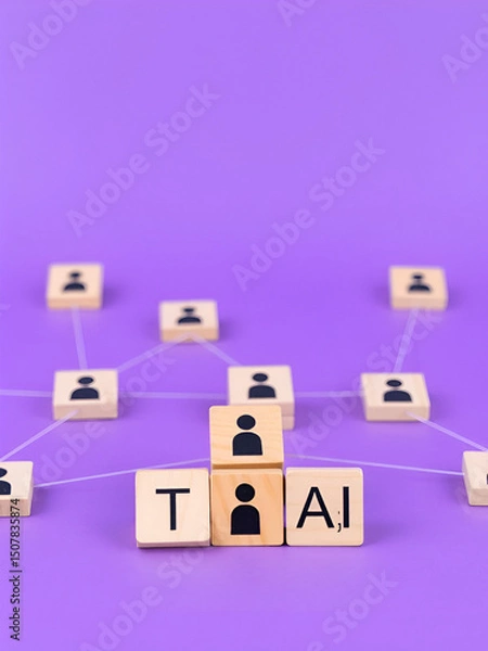 Obraz A visual metaphor for networking and team dynamics, featuring wooden blocks with human icons interconnected by lines on a purple backdrop.