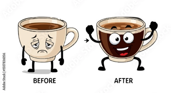 Obraz Cartoon illustration showing before and after effects of coffee on a cup character with arrow between them
